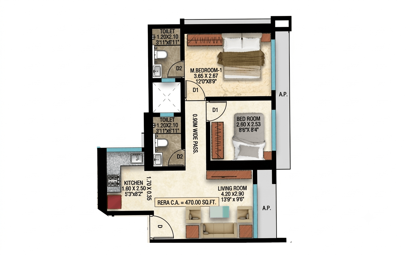 2 BHK floor plan