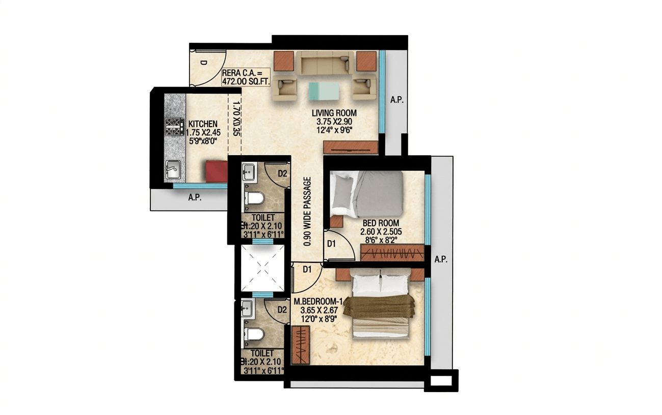 2 BHK floor plan