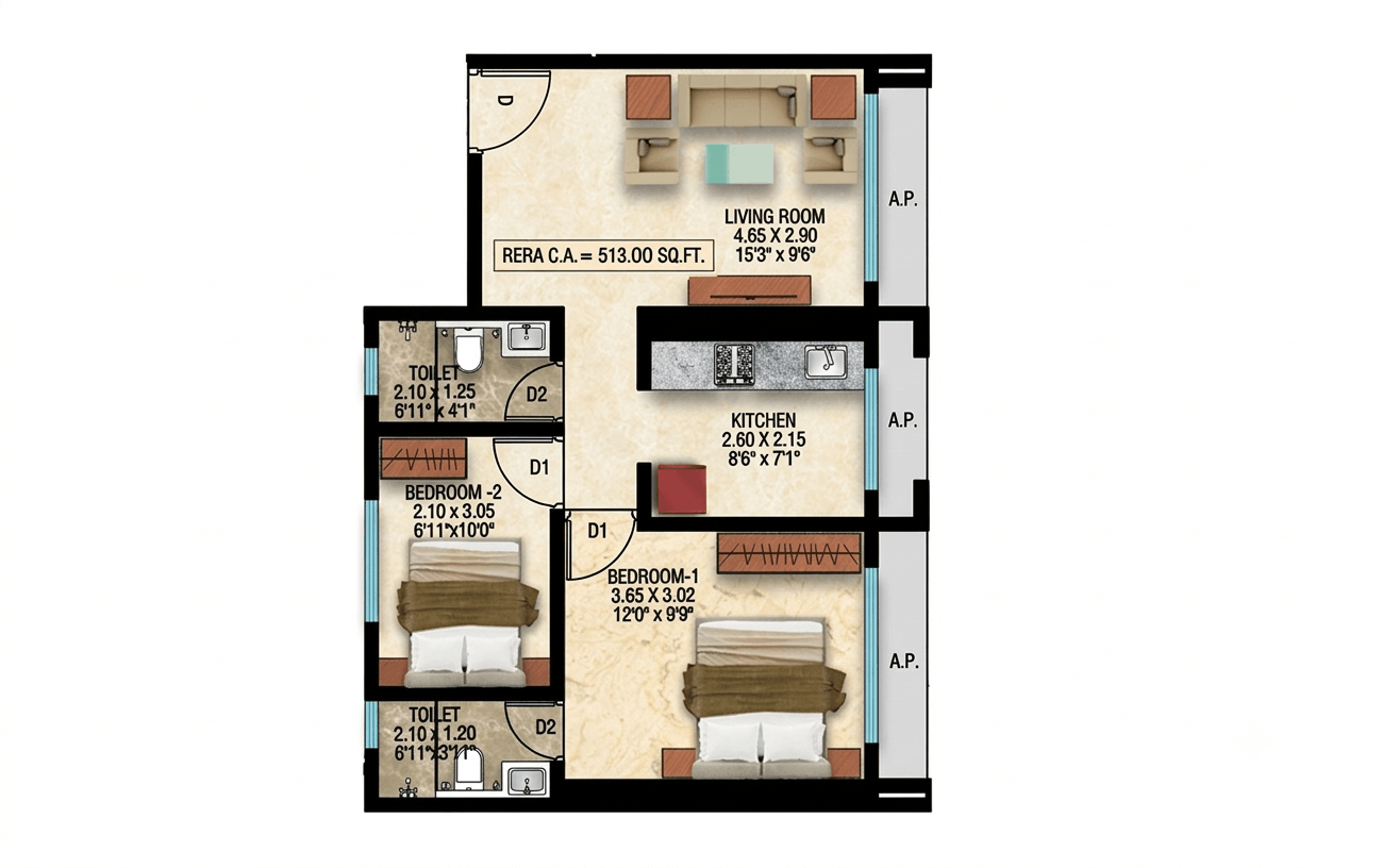 2 BHK floor plan