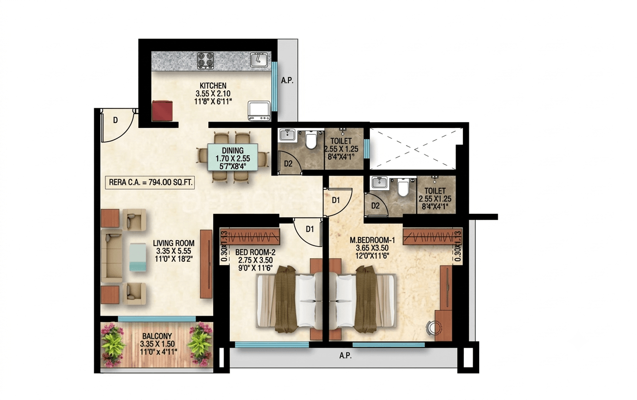 2 BHK floor plan