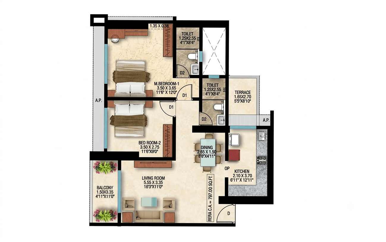 2 BHK floor plan