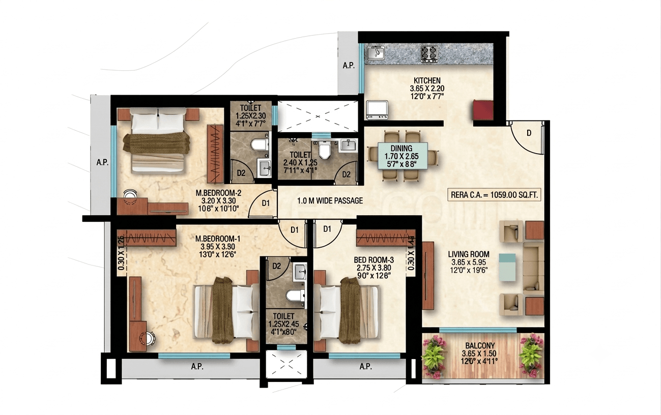 3 BHK floor plan