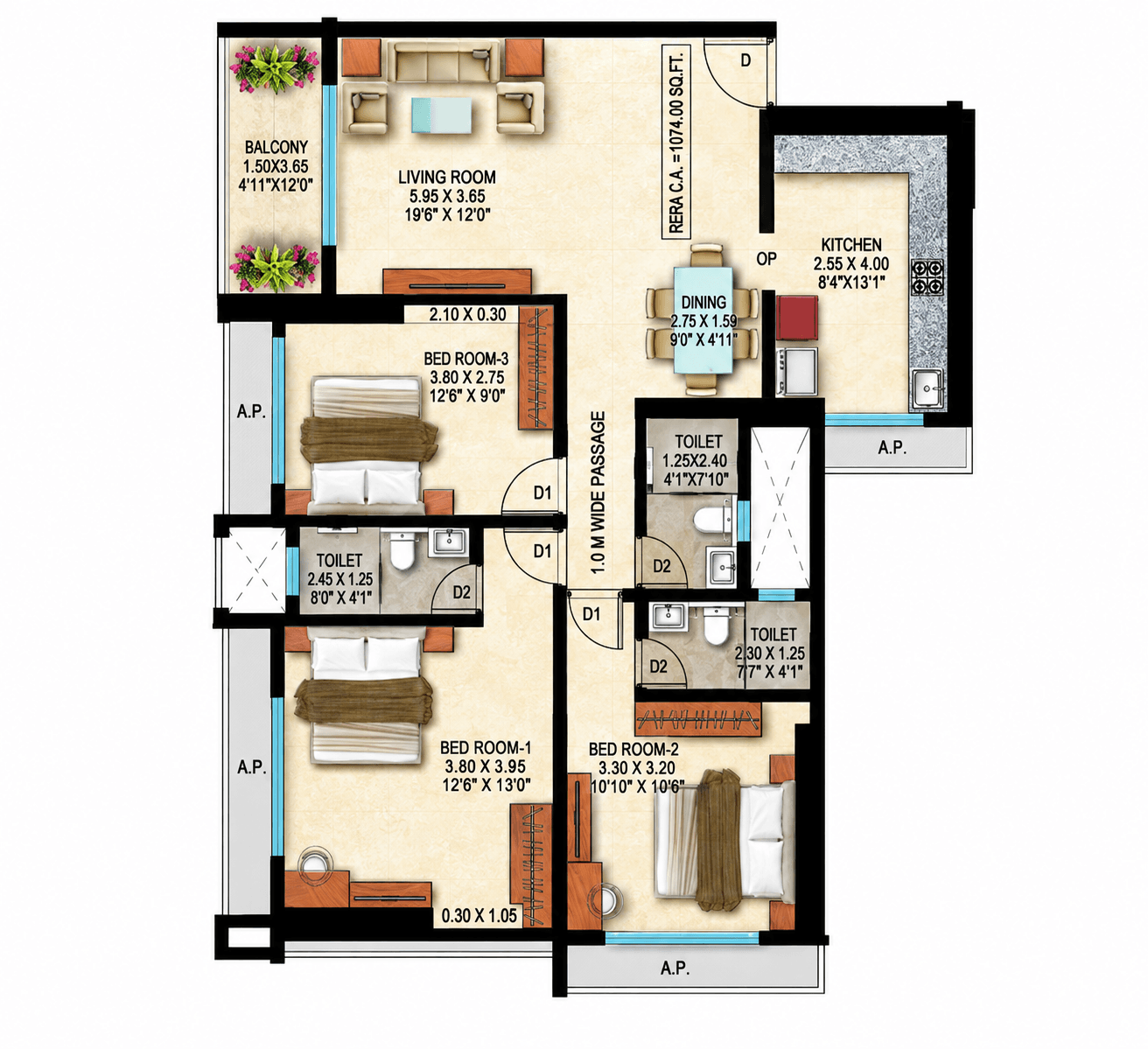 3 BHK floor plan